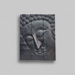 Hand Carved Charcoal Black Timber Buddha Face Wall Art Triptych Set