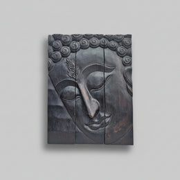 Hand Carved Charcoal Black Timber Buddha Face Wall Art Triptych Set