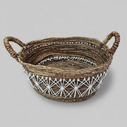 Handcrafted Rattan and Jute Textured Storage Basket with Macrame Accent