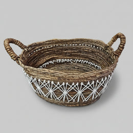 Handcrafted Rattan and Jute Textured Storage Basket with Macrame Accent