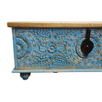 Indian Vintage Hand-Carved Blue Patina Wooden Storage Trunk