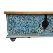 Indian Vintage Hand-Carved Blue Patina Wooden Storage Trunk