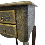 Vintage Style Brass Embossed Two Drawer Tall Side Table