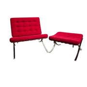 Mid-Century Red Fabric Barcelona Style Chair and Ottoman
