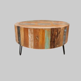 Rustic Reclaimed Timber Drum Coffee Table with Iron Hairpin Legs