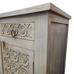 Handcrafted Distressed Grey Carved Floral Solid Wood Sideboard