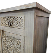 Handcrafted Distressed Grey Carved Floral Solid Wood Sideboard