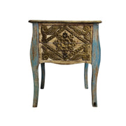 Artisan Carved Bohemian Nightstand in Distressed Blue & Gold