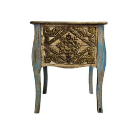 Artisan Carved Bohemian Nightstand in Distressed Blue & Gold