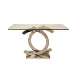 Sleek Chrome Interlocking C Base Glass Top Console Table