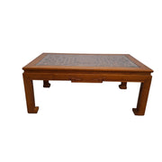 Traditional Asian Carved Wood Coffee Table with Glass Top