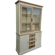 French Farmhouse Distressed White and Natural Timber Glass Display Dresser Cabinet