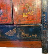 Antique Chinese Red Lacquer Hand Painted Small Side Cabinet