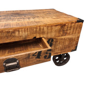 Industrial Style Wooden Coffee Table with Metal Wheels