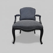 Vintage French Louis Style Black Lacquered Upholstered Armchair