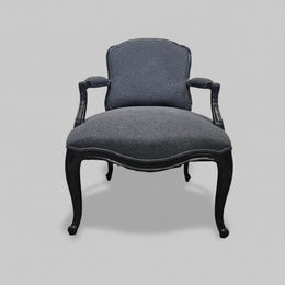 Vintage French Louis Style Black Lacquered Upholstered Armchair