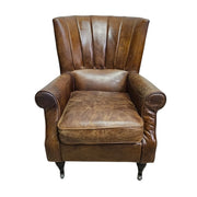 THE One Vintage-Style Fluted Brown Leather Armchair on Castors
