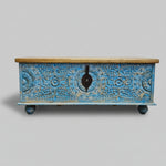 Indian Vintage Hand-Carved Blue Patina Wooden Storage Trunk