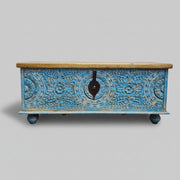 Indian Vintage Hand-Carved Blue Patina Wooden Storage Trunk