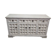 Hand-Carved Whitewashed Wooden Rustic Sideboard