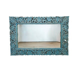 Artisanal Distressed Teal Hand Carved Solid Wood Wall Mirror