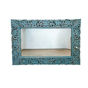 Artisanal Distressed Teal Hand Carved Solid Wood Wall Mirror