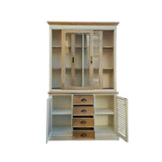 French Farmhouse Distressed White and Natural Timber Glass Display Dresser Cabinet
