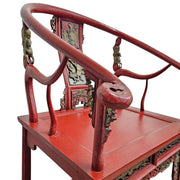 Antique Red Lacquer Horseshoe Armchairs and Tea Table Set