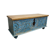 Indian Vintage Hand-Carved Blue Patina Wooden Storage Trunk