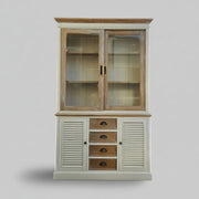 French Farmhouse Distressed White and Natural Timber Glass Display Dresser Cabinet