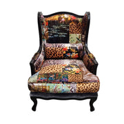 THE One Patchwork Velvet Black Wood Wingback Armchair
