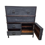 Pottery Barn Industrial Ludlow Black Leather Steamer Trunk Secretary Desk