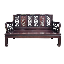 Hand-Carved Rosewood Settee with Mother-of-Pearl Narrative Inlay