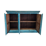 Detailed Mandala Carved Blue Distressed Wood Three Door Sideboard