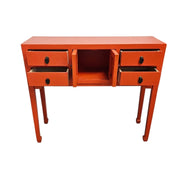Vibrant Crimson Oriental Console Table with Classic Brass Hardware
