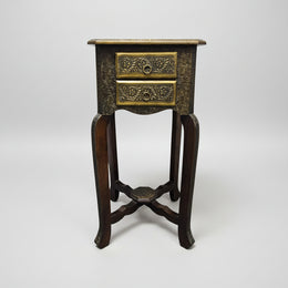 Vintage Style Brass Embossed Two Drawer Tall Side Table