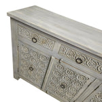 Handcrafted Distressed Grey Carved Floral Solid Wood Sideboard