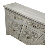 Handcrafted Distressed Grey Carved Floral Solid Wood Sideboard