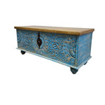 Indian Vintage Hand-Carved Blue Patina Wooden Storage Trunk