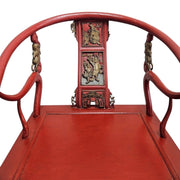 Antique Red Lacquer Horseshoe Armchairs and Tea Table Set