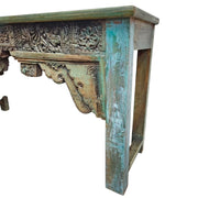 Artisanal Hand-Carved Console Table with Distressed Verdigris Finish