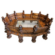 Rustic Hand-Carved Wooden Centre Table with Glass Insert