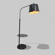 Minimalist Black Metal Arched Floor Lamp with Integrated Table and Marble Base