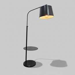 Minimalist Black Metal Arched Floor Lamp with Integrated Table and Marble Base
