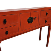Vibrant Crimson Oriental Console Table with Classic Brass Hardware