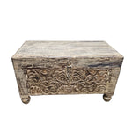 Hand-Carved Vintage Wooden Trunk with Distressed Finish