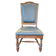 Stately Studded Black Leather and Carved Wood Accent Dining Chair
