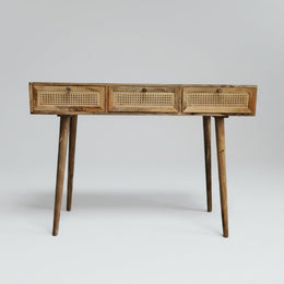 Mid-Century Modern Solid Wood and Rattan Cane 3-Drawer Console Table