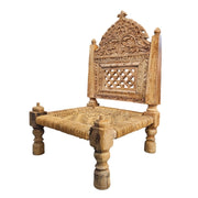 Hand-Carved Rustic Wood Chair with Jute Weave Seat