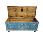 Indian Vintage Hand-Carved Blue Patina Wooden Storage Trunk